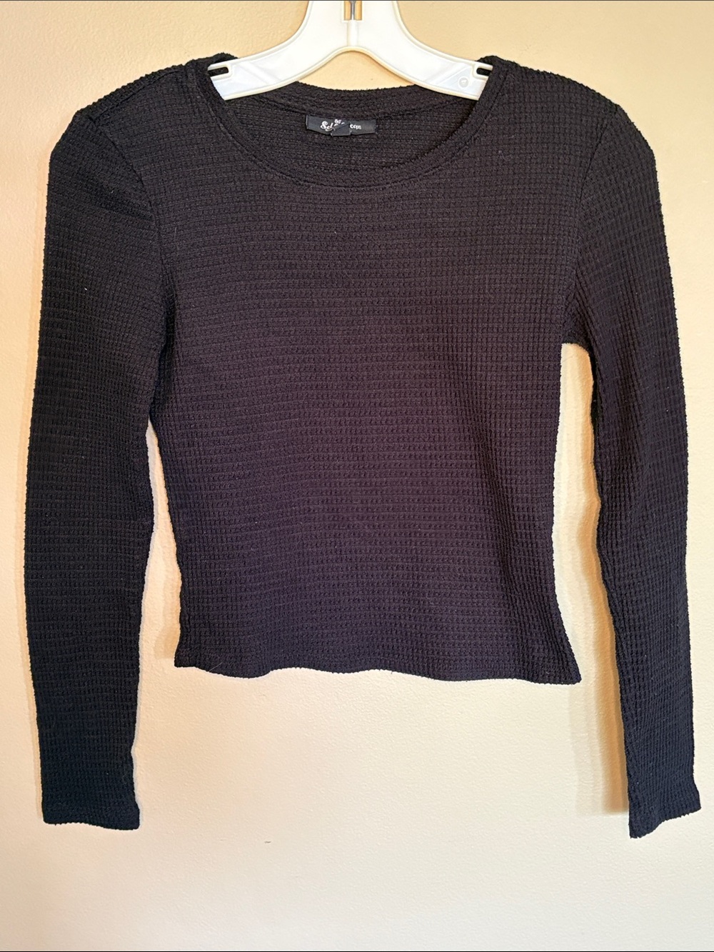 SELF ESTEEM: Black Waffle Knit Long Sleeve Crop Top- Size S